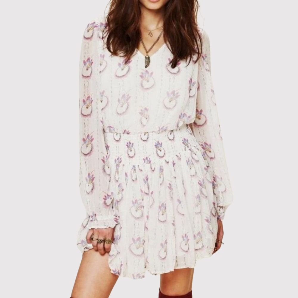 Free People Mini Dress Beige Wild Horses Dreamcatcher V Neck Smocked Medium - Picture 1 of 12